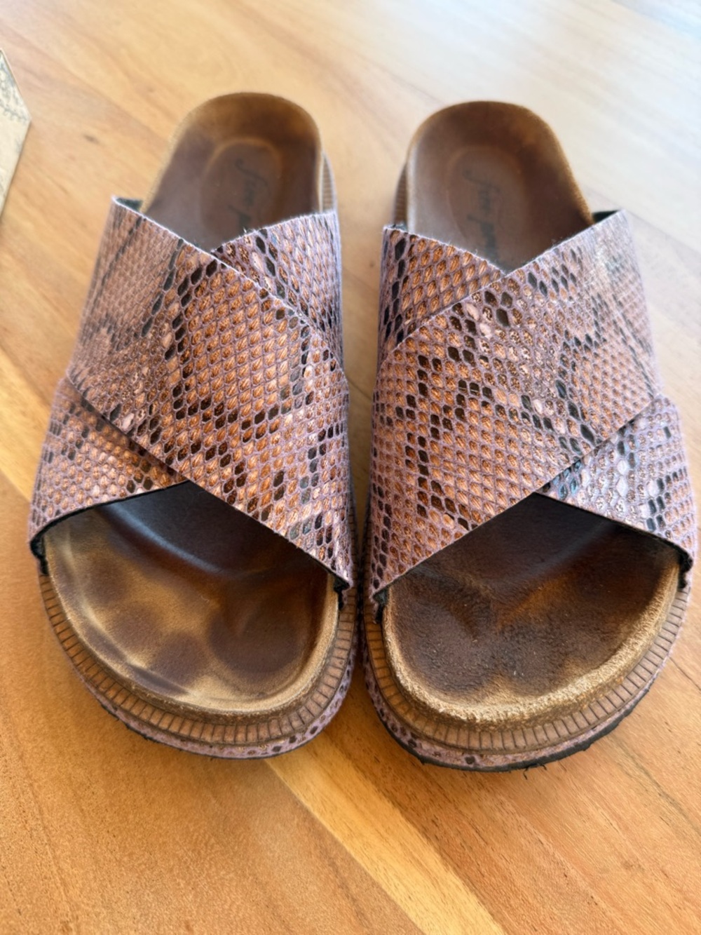 FREE PEOPLE VIOLA SNAKE Snake-Print Slide Sandals in Brown/purple